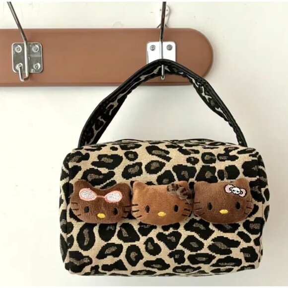 Hello Kitty Handbags - Hello Kitty Leopard Print Cosmetic Makeup Bag Cute Plush Kitty Large Capacity